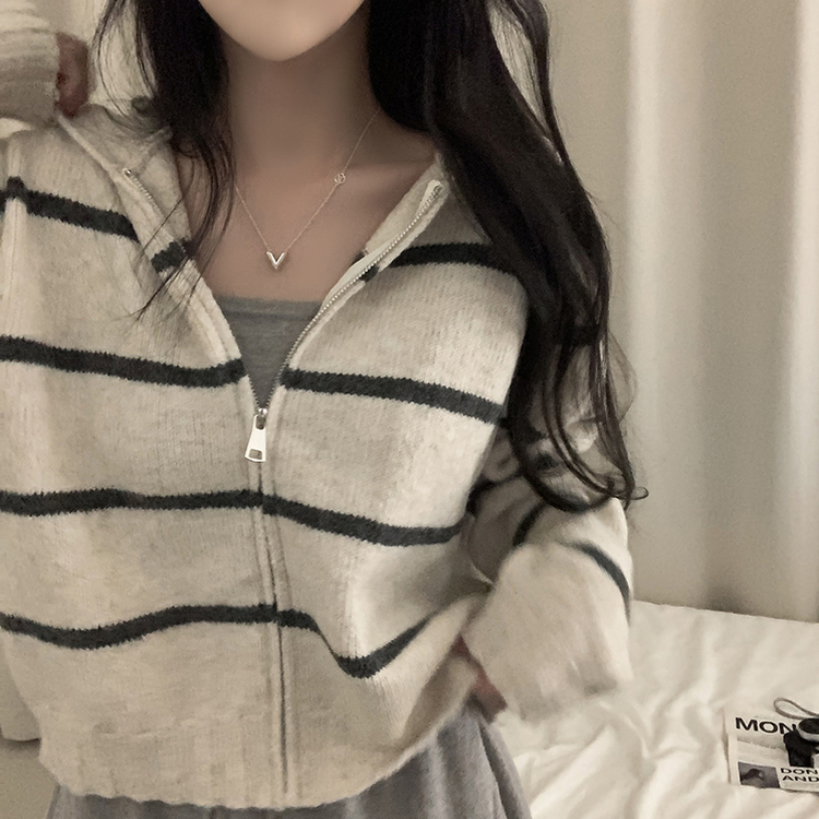 ストライプルーズニットフードジップアップ BEIGE