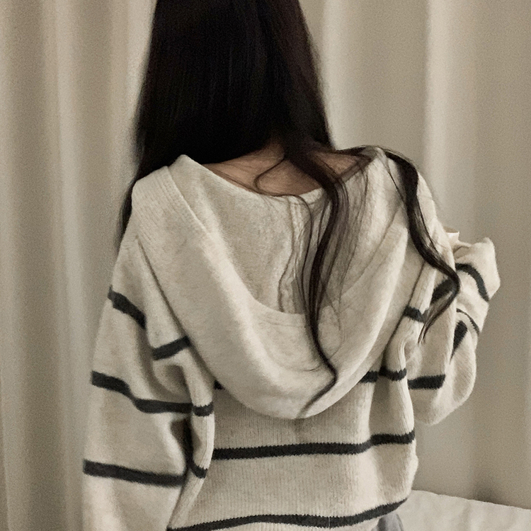 ストライプルーズニットフードジップアップ BEIGE