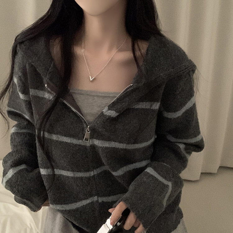ストライプルーズニットフードジップアップ GREY