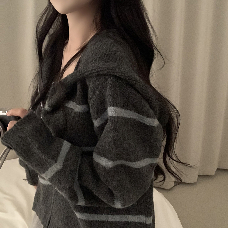 ストライプルーズニットフードジップアップ GREY