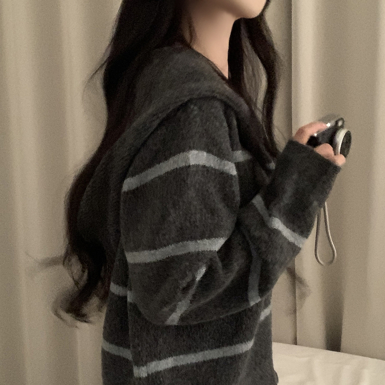 ストライプルーズニットフードジップアップ GREY