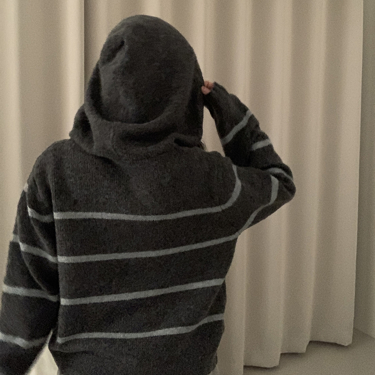 ストライプルーズニットフードジップアップ GREY