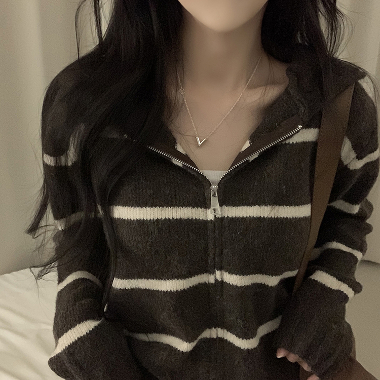 ストライプルーズニットフードジップアップ BROWN