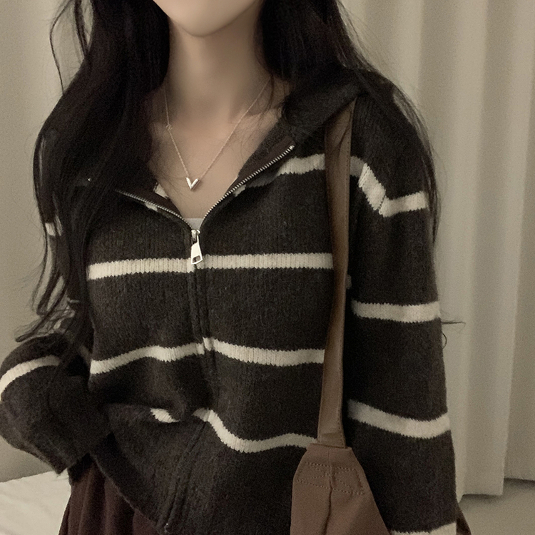 ストライプルーズニットフードジップアップ BROWN