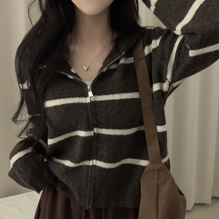 ストライプルーズニットフードジップアップ BROWN