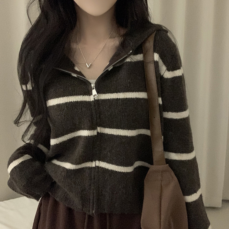 ストライプルーズニットフードジップアップ BROWN
