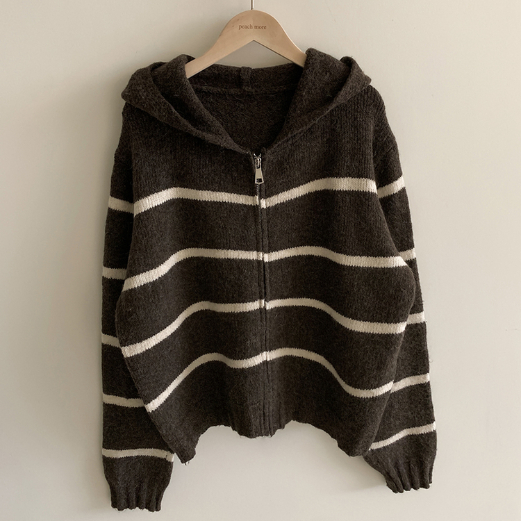 ストライプルーズニットフードジップアップ