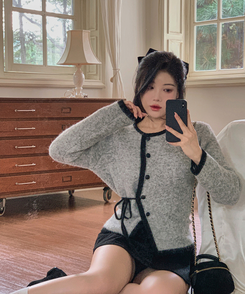 リボンバイカラーニットカーディガン GREY