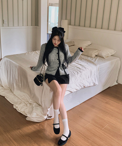 リボンバイカラーニットカーディガン GREY