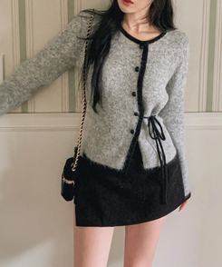 リボンバイカラーニットカーディガン GREY