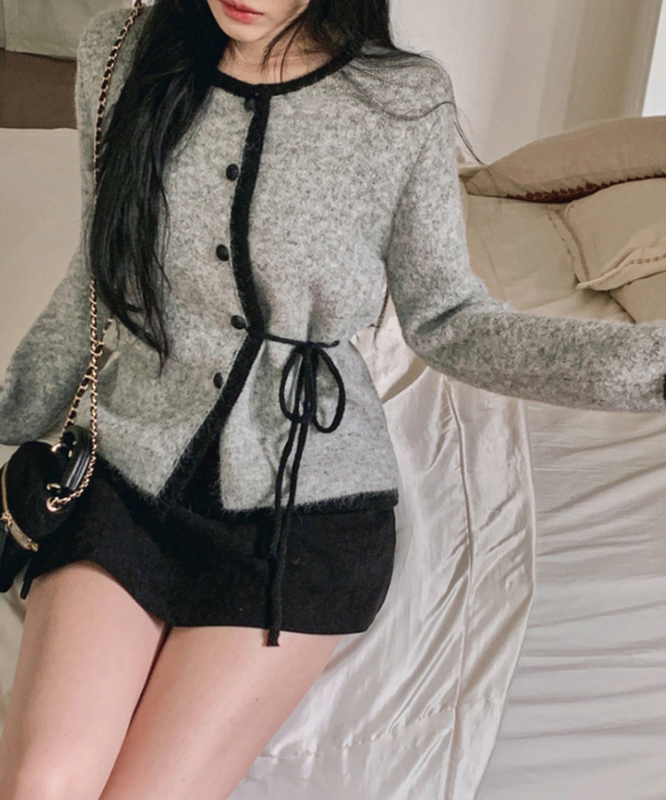 リボンバイカラーニットカーディガン GREY