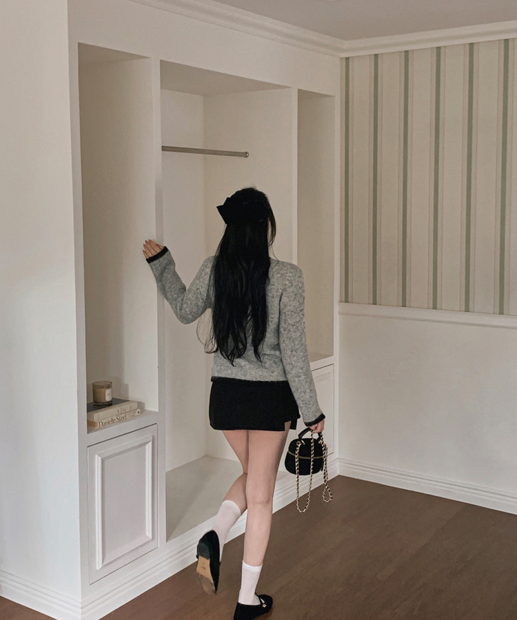 リボンバイカラーニットカーディガン GREY