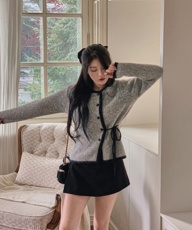 リボンバイカラーニットカーディガン GREY