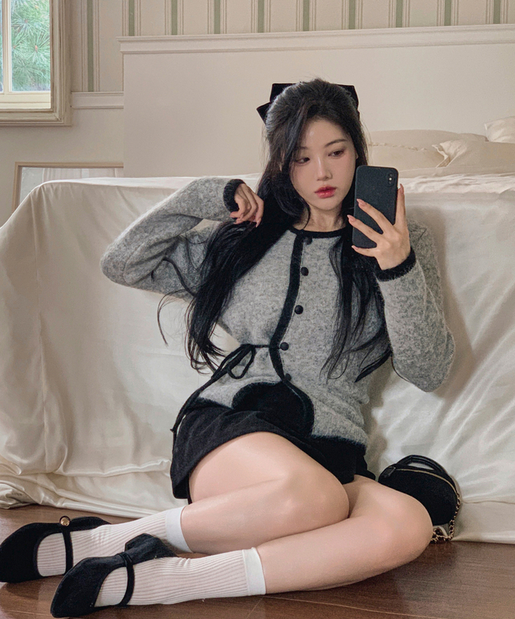 リボンバイカラーニットカーディガン GREY