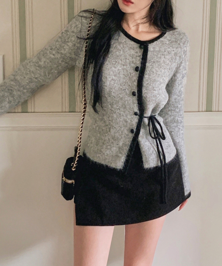 リボンバイカラーニットカーディガン GREY