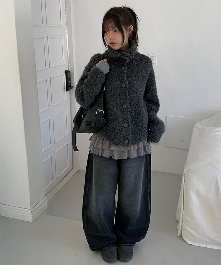 ハイネックボタンニットカーディガン GREY