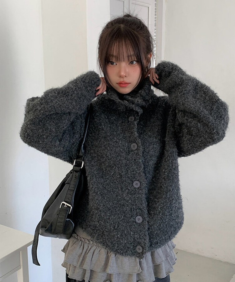 ハイネックボタンニットカーディガン GREY