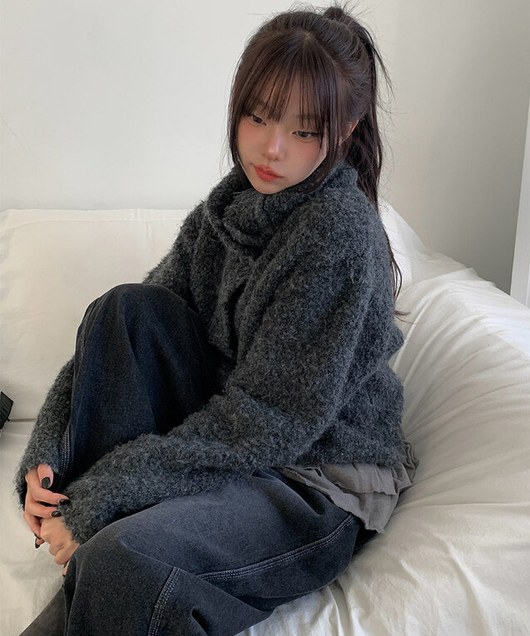 ハイネックボタンニットカーディガン GREY