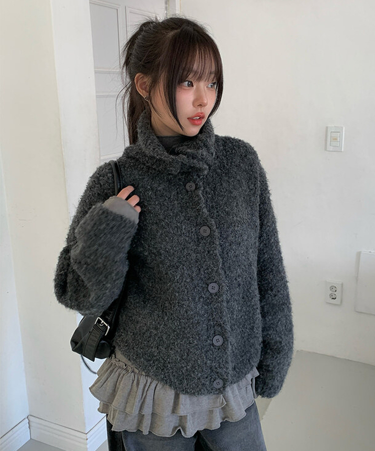 ハイネックボタンニットカーディガン GREY