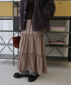 チェックフリルロングスカート BEIGE