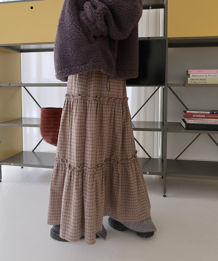 チェックフリルロングスカート BEIGE