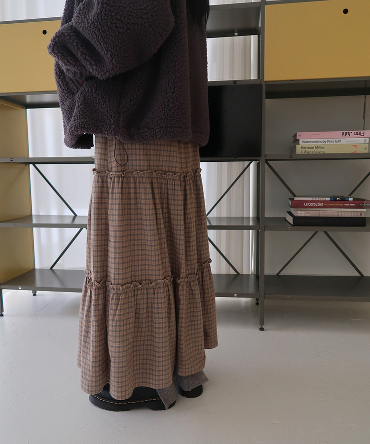 チェックフリルロングスカート BEIGE