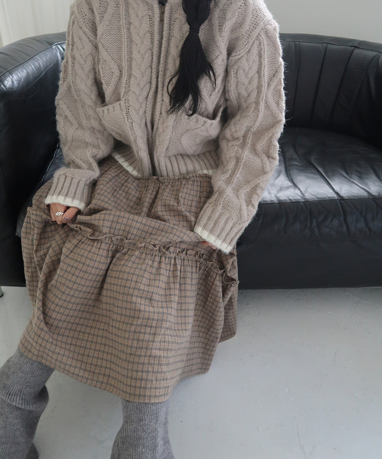 チェックフリルロングスカート BEIGE