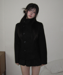 ハーフダブルハイネックウールコート BLACK