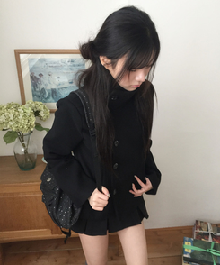 ハーフダブルハイネックウールコート BLACK