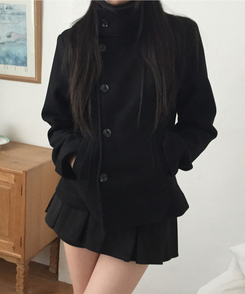 ハーフダブルハイネックウールコート BLACK