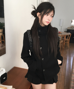 ハーフダブルハイネックウールコート BLACK