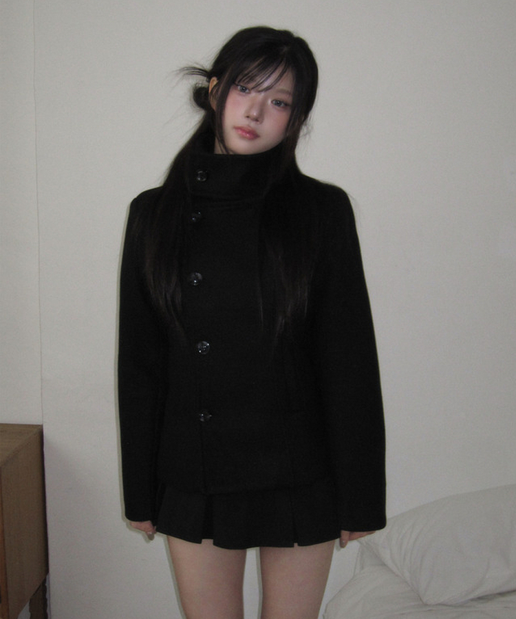 ハーフダブルハイネックウールコート BLACK