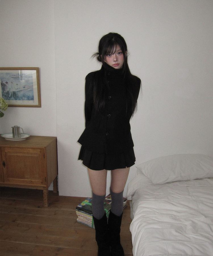 ハーフダブルハイネックウールコート BLACK