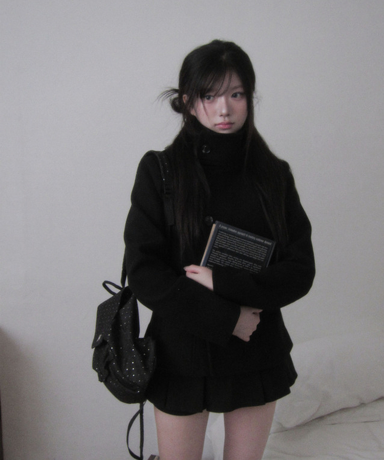 ハーフダブルハイネックウールコート BLACK