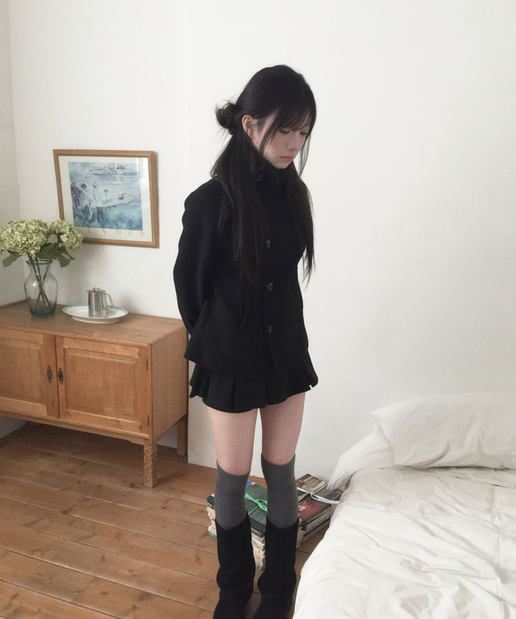 ハーフダブルハイネックウールコート BLACK