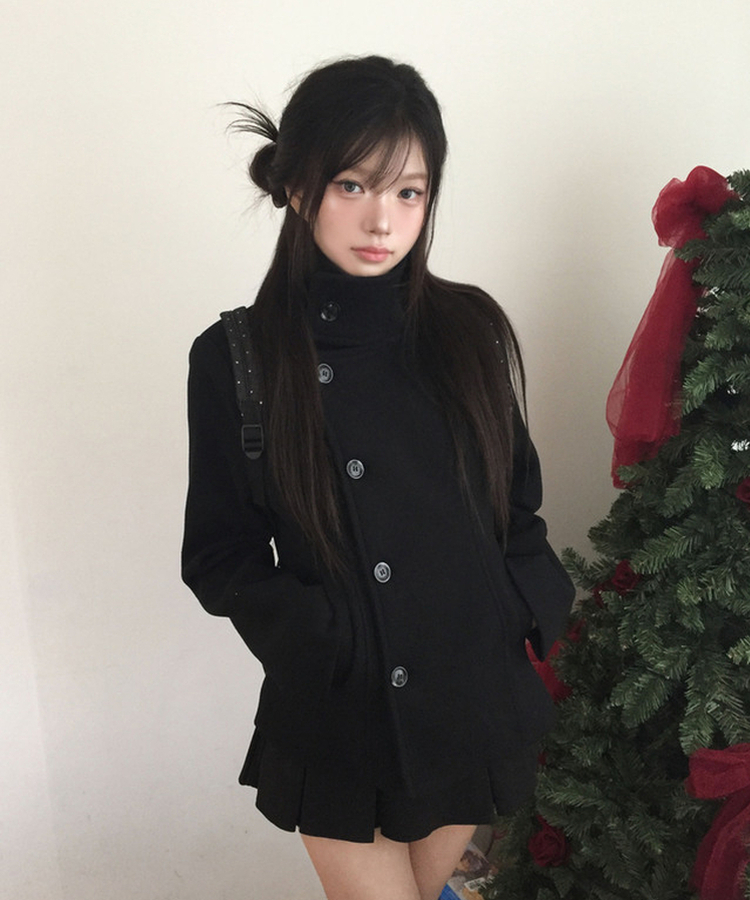 ハーフダブルハイネックウールコート BLACK