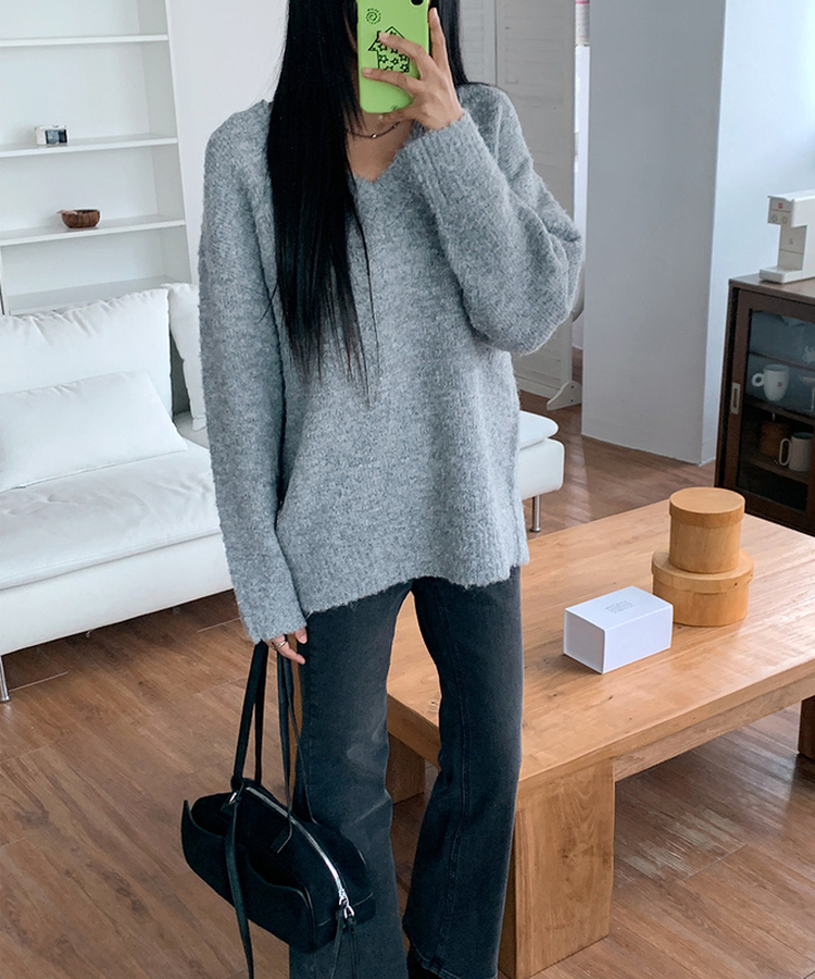 보송부클브이넥니트 그레이