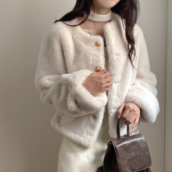 단비 페이크 퍼 금장 밍크 노카라 자켓 아이보리