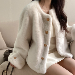 단비 페이크 퍼 금장 밍크 노카라 자켓 아이보리