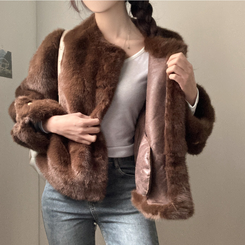 단비 페이크 퍼 금장 밍크 노카라 자켓 브라운