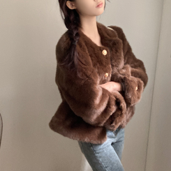 단비 페이크 퍼 금장 밍크 노카라 자켓 브라운