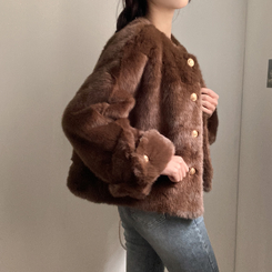 단비 페이크 퍼 금장 밍크 노카라 자켓 브라운