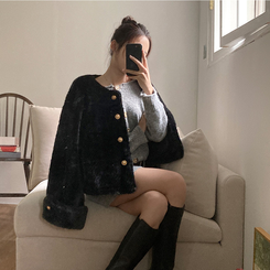 단비 페이크 퍼 금장 밍크 노카라 자켓 블랙