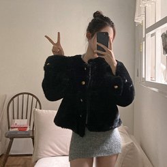 단비 페이크 퍼 금장 밍크 노카라 자켓 블랙