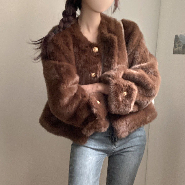 단비 페이크 퍼 금장 밍크 노카라 자켓 브라운