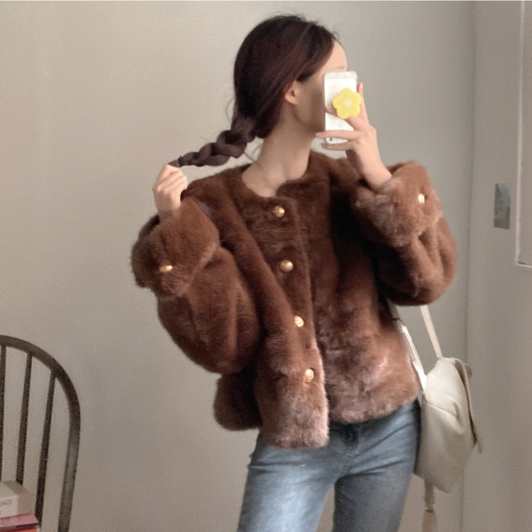단비 페이크 퍼 금장 밍크 노카라 자켓 브라운