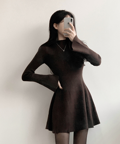 プチハイネックフレアミニワンピース BROWN