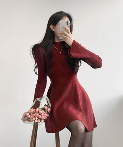 プチハイネックフレアミニワンピース WINE