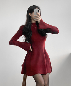 プチハイネックフレアミニワンピース WINE