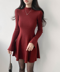 プチハイネックフレアミニワンピース WINE